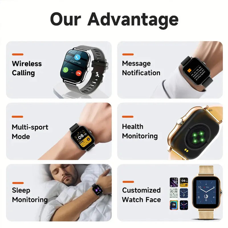 Smart watch with 1.44-inch touch screen showing heart rate display on silicone strap
