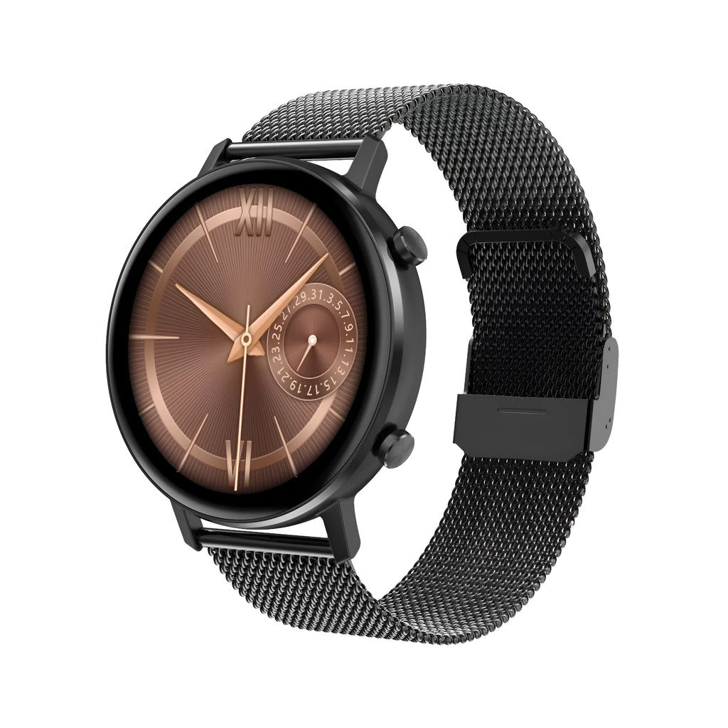DT96 smart bracelet with stainless steel strap on a wrist, showing the 1.3-inch touch screen display.