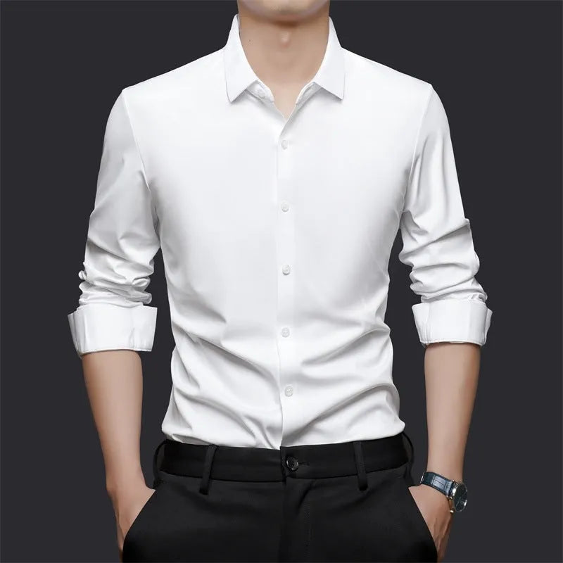 Seamless high elastic long sleeve anti-wrinkle shirt cardigan in white with four-sided stretch fabric
