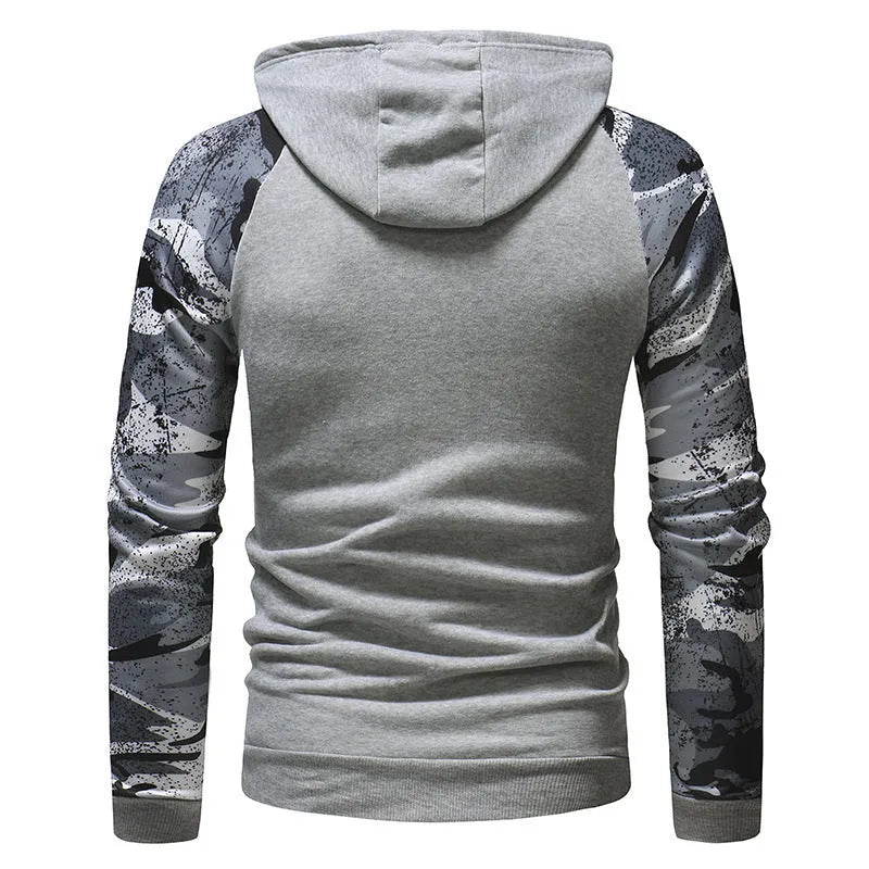 Men's long sleeve camouflage print hooded sweatshirt in black, front view