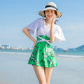 Women's green chemical fibre printed one-piece swimsuit shown front view for swimming use