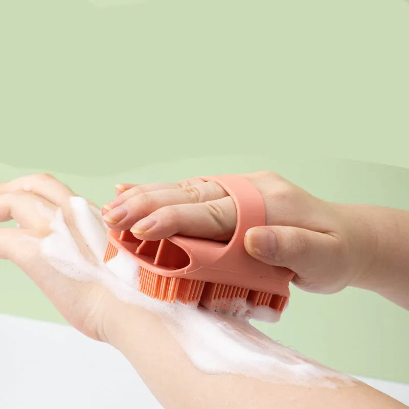 Silicone head massage comb shampoo scrubber with extra-long bristles and ergonomic handle, available in multiple colours