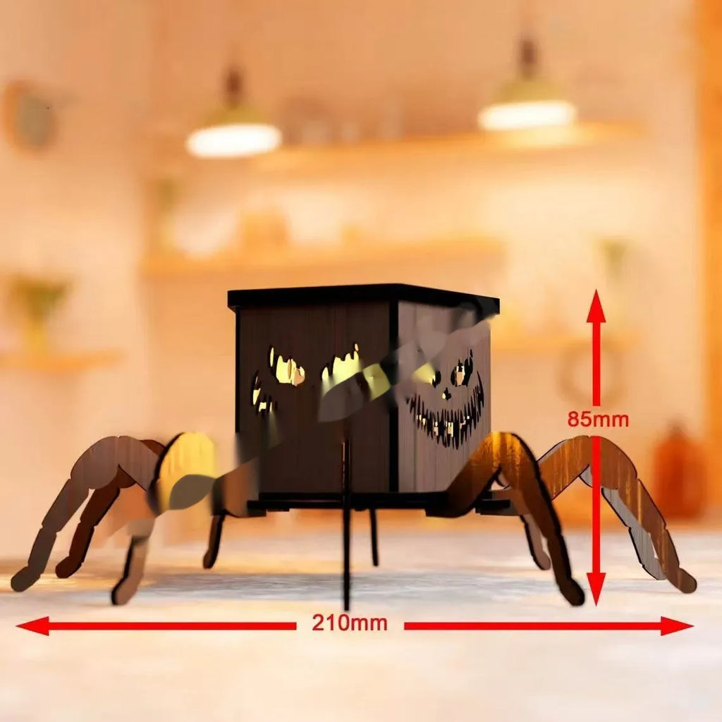 Wooden Halloween spider-themed mini lantern candlestick decoration measuring 21cm by 8.5cm.