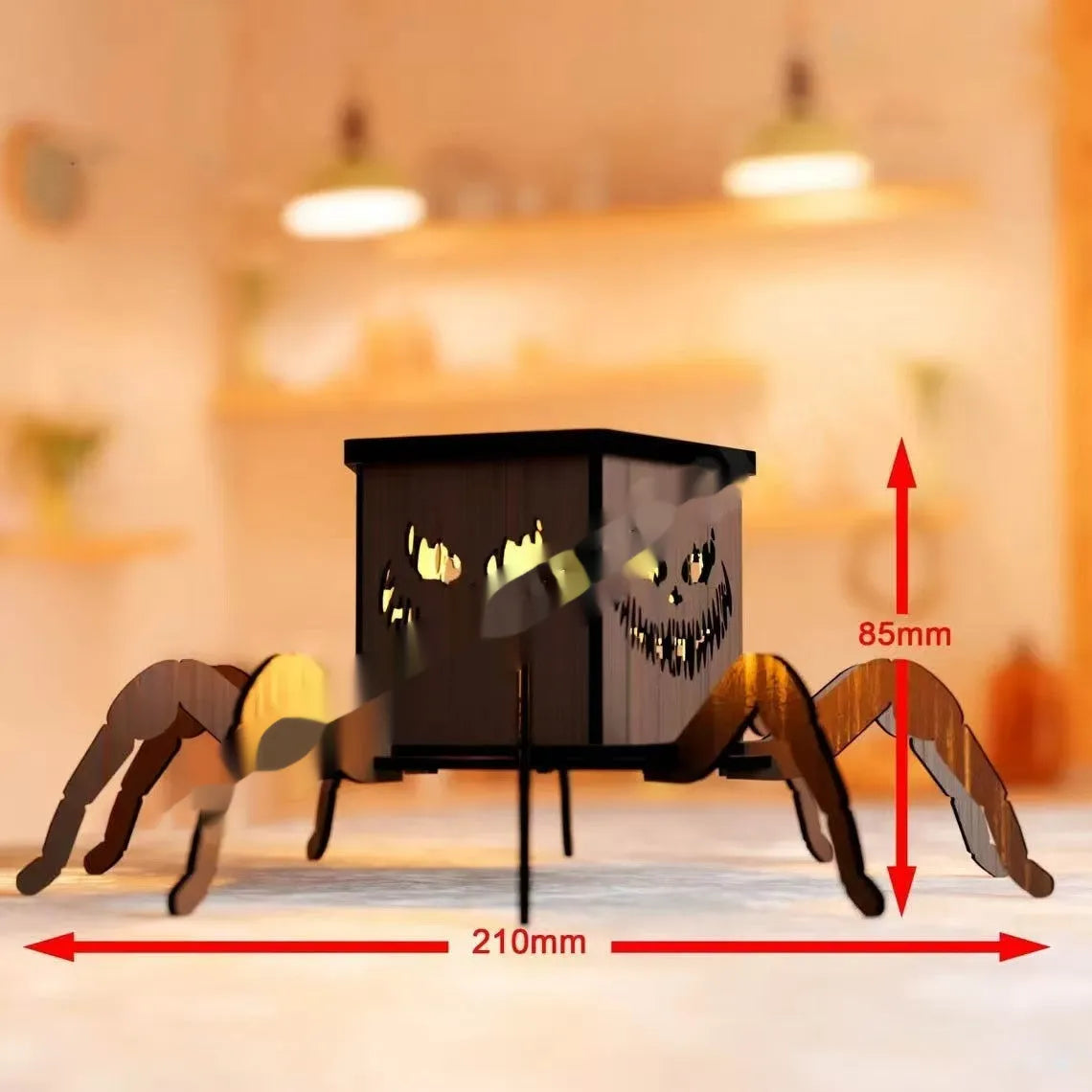 Wooden Halloween spider-themed mini lantern candlestick decoration measuring 21cm by 8.5cm.