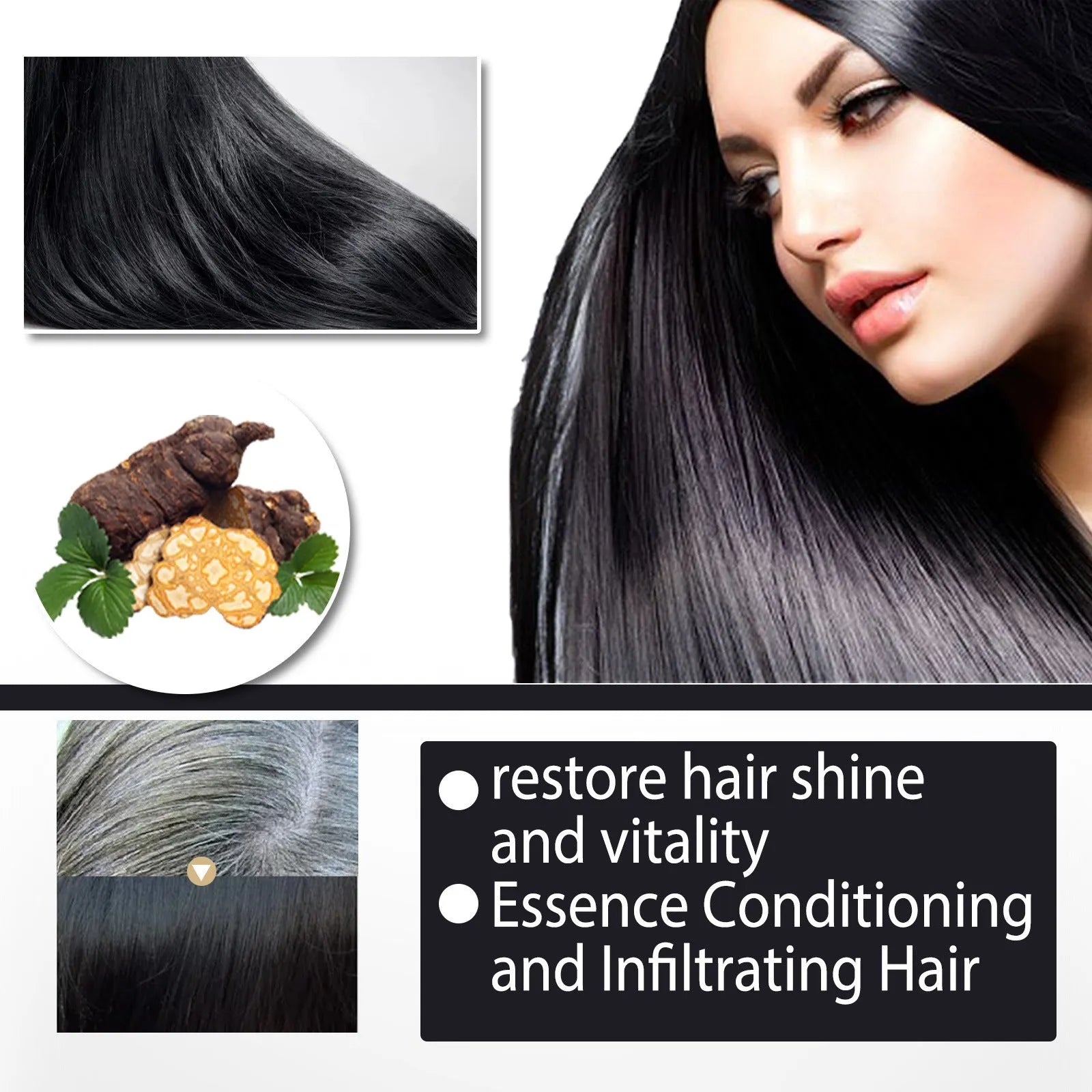 Polygonum Multiflorum Shampoo 100ml boxed for white to black hair colour restoration, anti-dandruff, and anti-hair fall