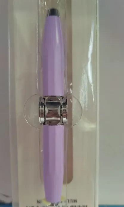 A silver metal gyro ballpoint pen with a built-in spinner section, shown with multi-coloured ink refills.