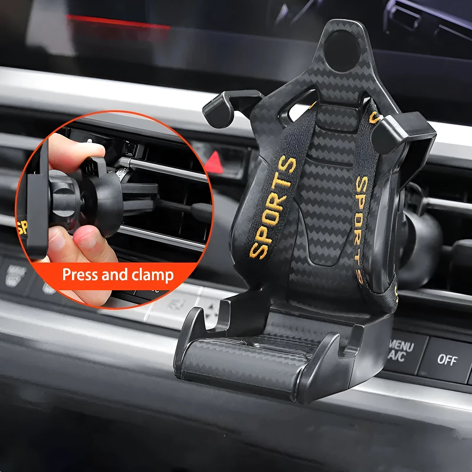 Racing seat shape car phone holder clipped to a car air vent with a gold tape colour finish