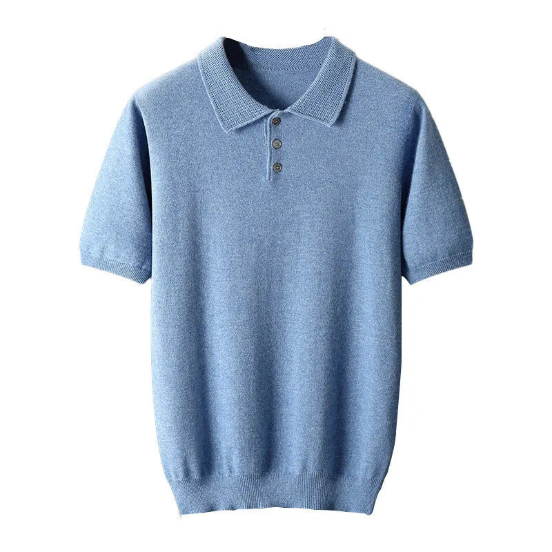 Men's cashmere polo collar elbow-sleeve top in light camel, loose fit pullover style