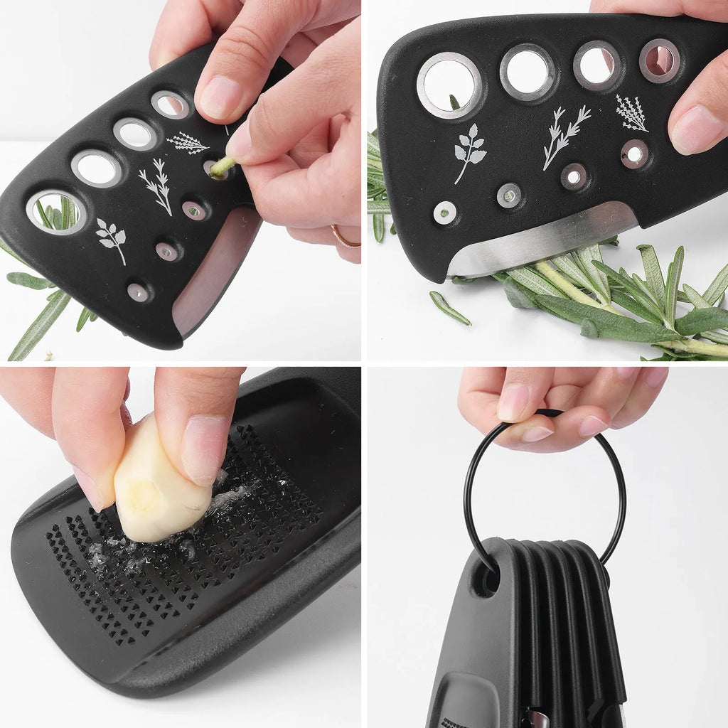 Six stacking kitchen gadgets with stainless steel heads and PP handles stored in a colour box with a brush