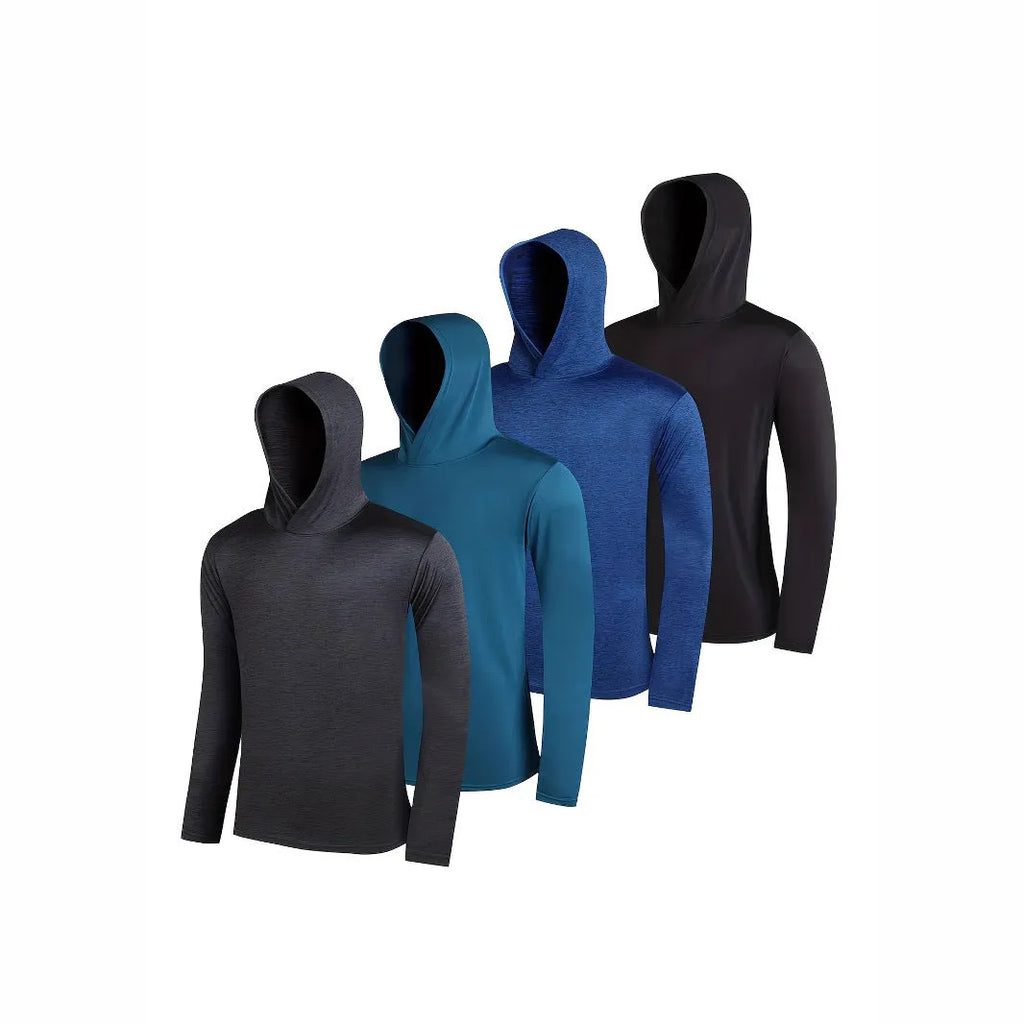 Set of four men's lightweight polyester hoodies in various colours, some with hats.