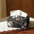 Chinese brocade fabric tissue box with embroidery white plum design, approximately 17cm x 6.5cm x 10cm