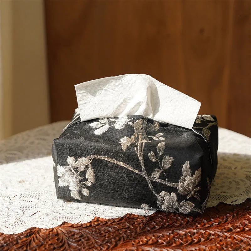 Chinese brocade fabric tissue box with embroidery white plum design, approximately 17cm x 6.5cm x 10cm