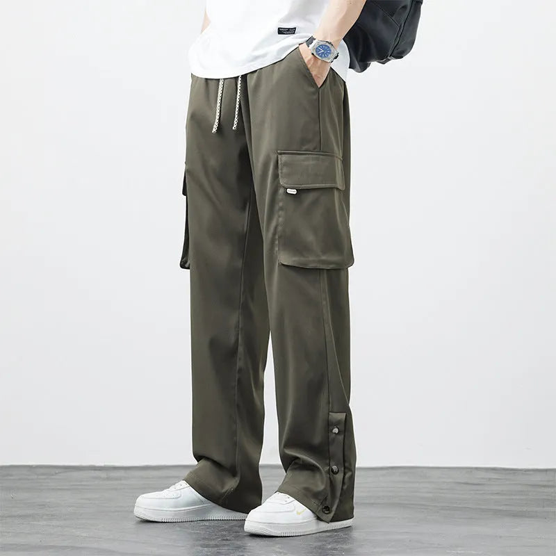Men's plus size loose straight-leg nylon overalls in Army Green, front view