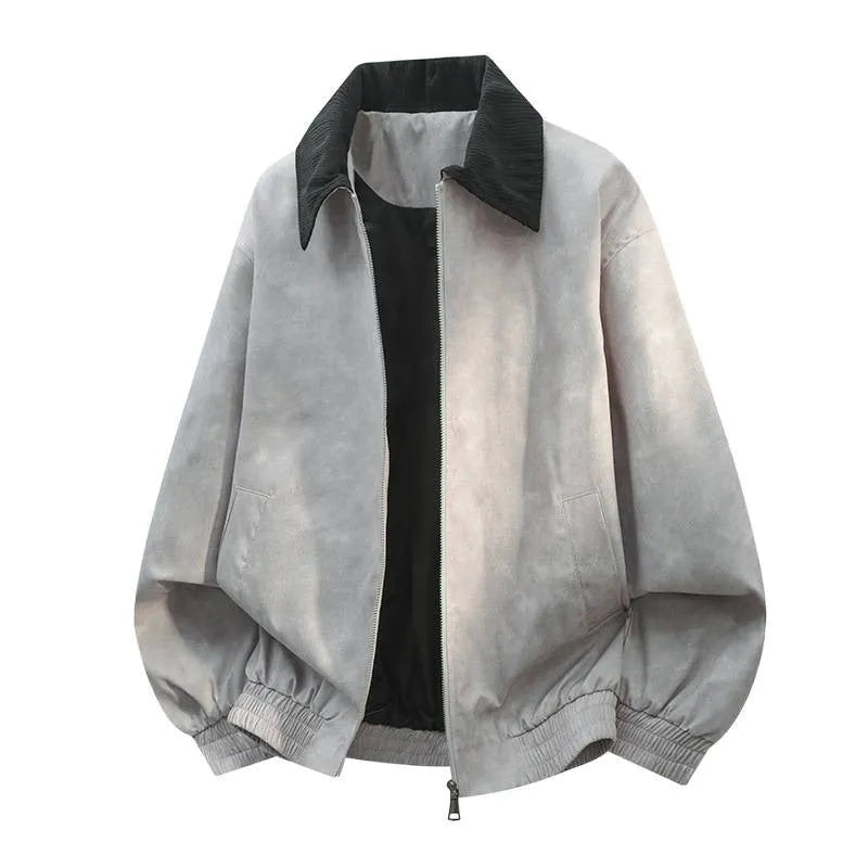 Men's black casual lapel jacket with stitching detail on collar and side seam pockets