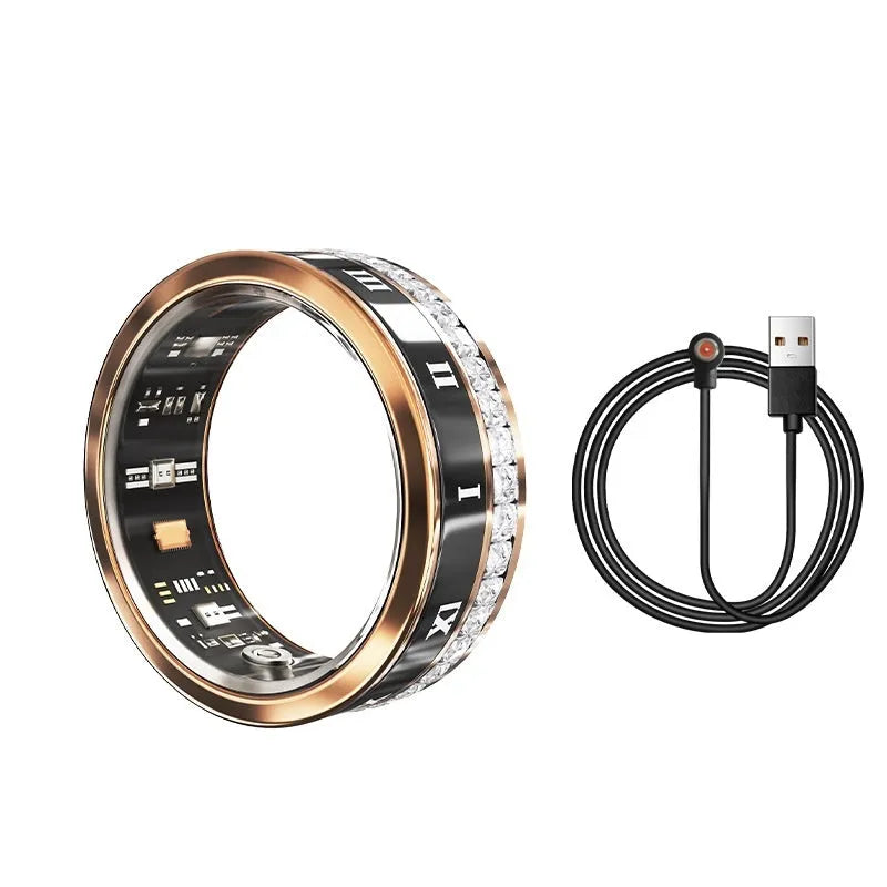 Silver and gold diamond inlaid smart ring for fitness tracking and blood oxygen monitoring.