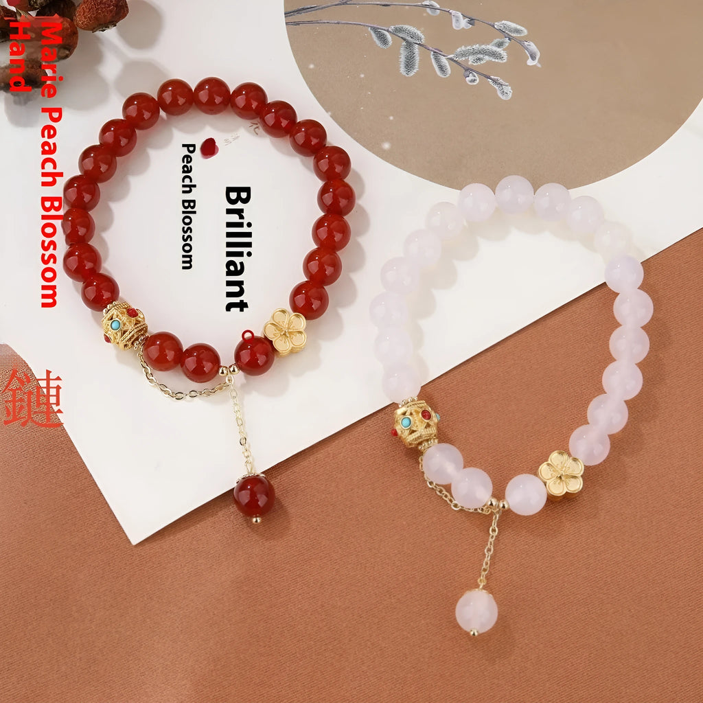 Natural agate bracelet with 8mm beads and peach blossom copper parts for women