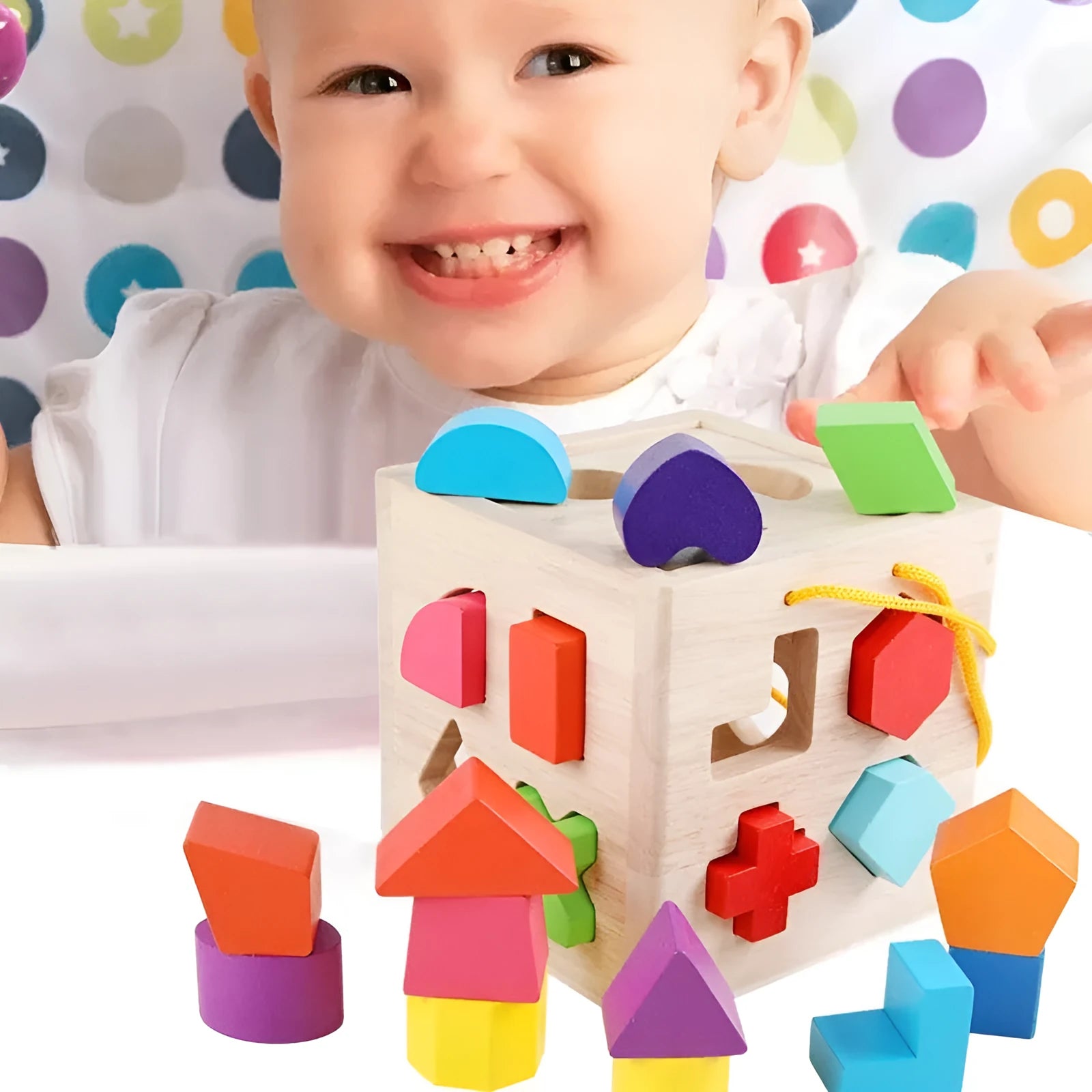 Wooden geometric shape matching building blocks with 19-hole intelligence box for infant education