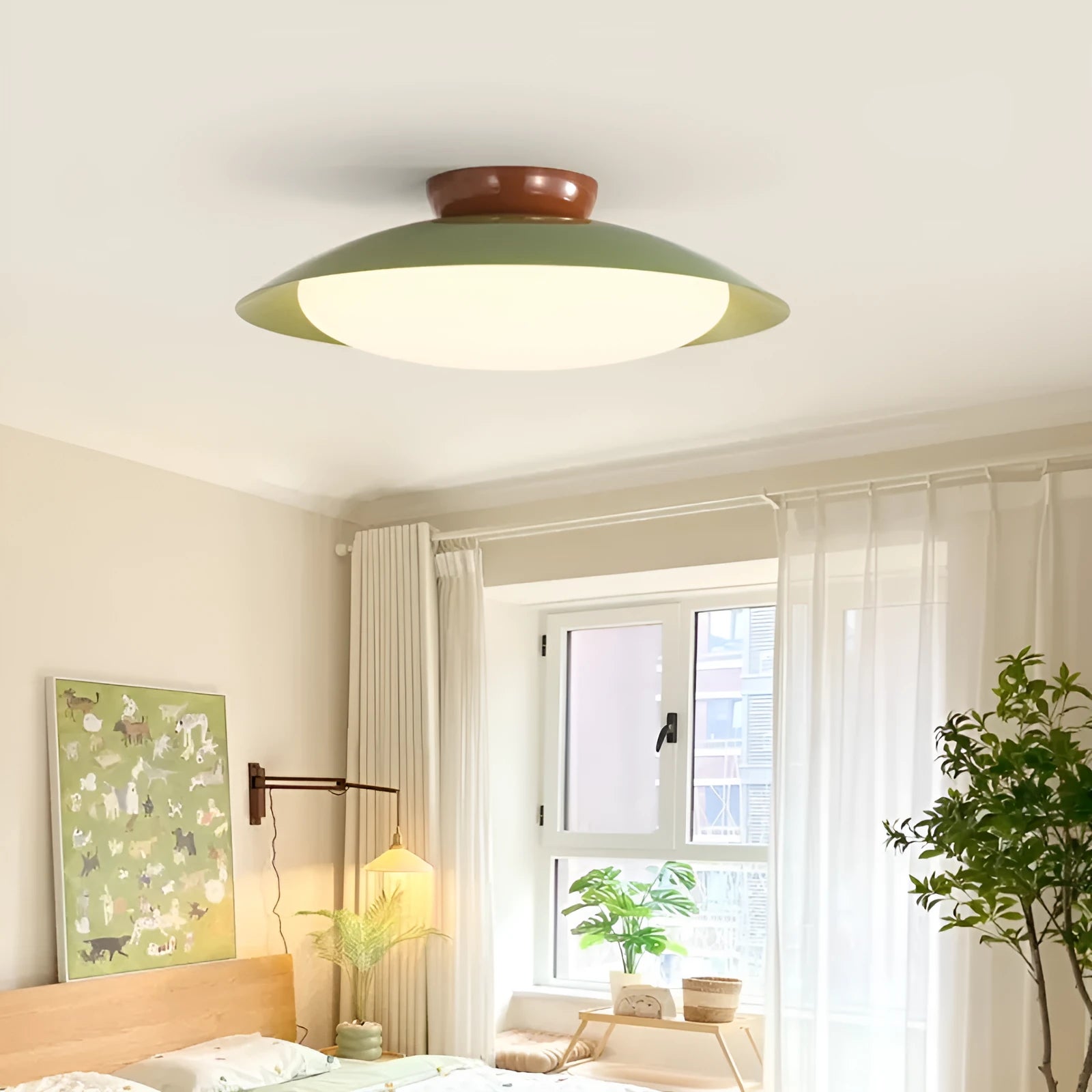 Modern minimalist cream style flying saucer ceiling lamp with iron shade in bedroom setting