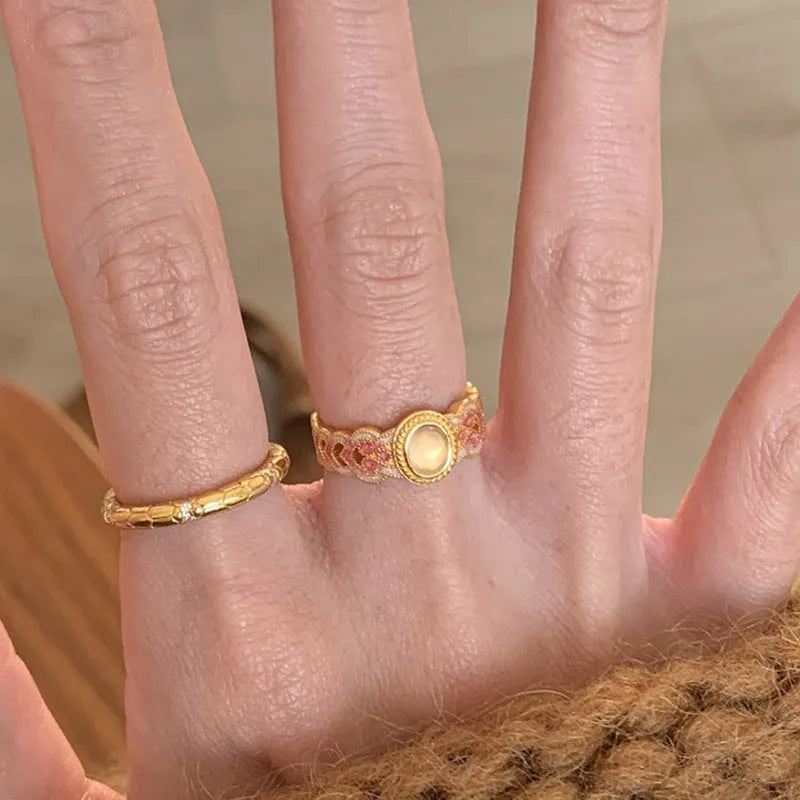 Escape K227 pink crystal enamel geometric open ring in gold-plated copper.