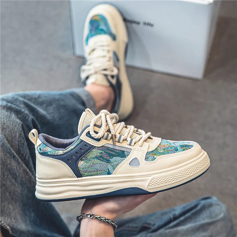 Men's beige and green canvas flat casual shoes with round toe on white background