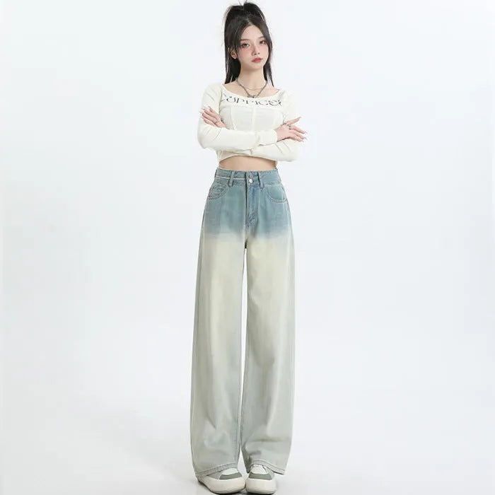 Women's gradient blue straight-leg trousers in denim fabric with wide leg silhouette