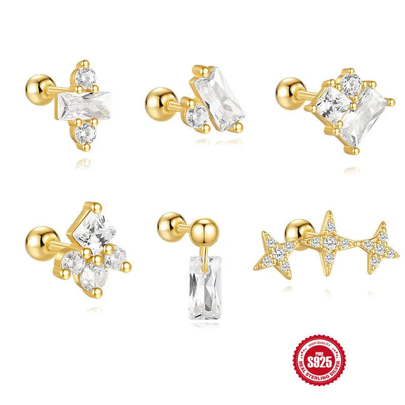 Sterling silver square gravel stud earrings with electroplated gold finish and floral design