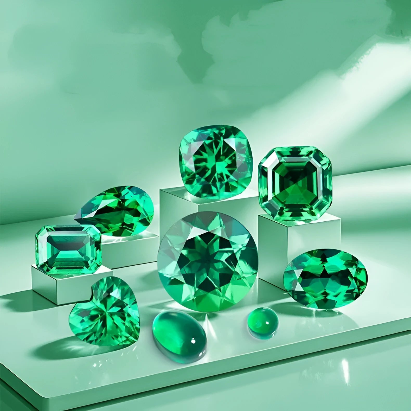 Cultivated emerald loose stones showing Columbia green treasure colour in round and rectangular grandmother cuts