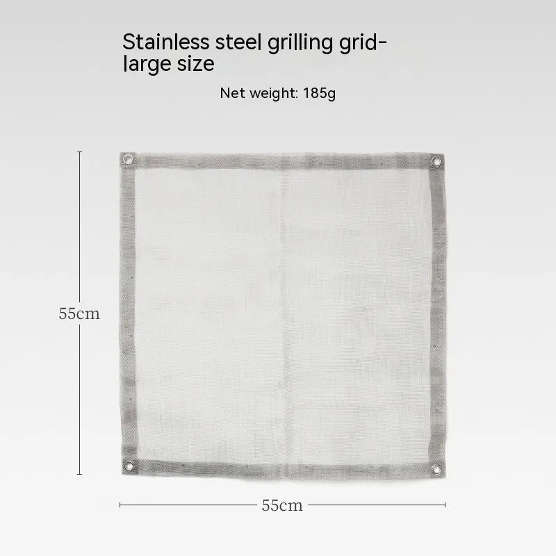 Silver stainless steel barbecue grill net shown in medium and large sizes for group cooking.