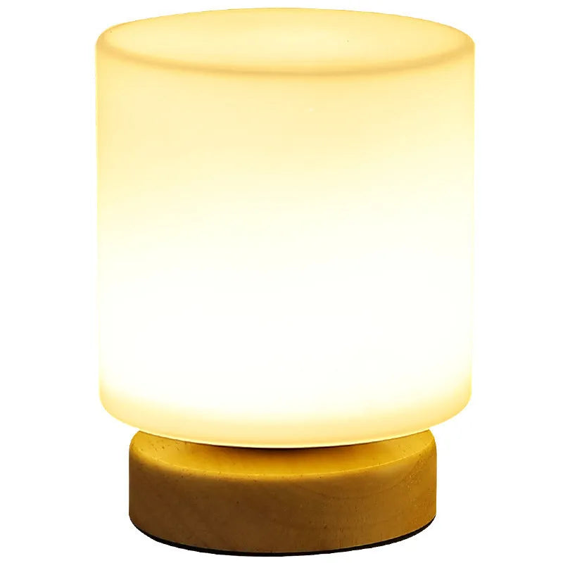 Nordic-style solid wood USB table lamp in geometric shape with touch dimming control