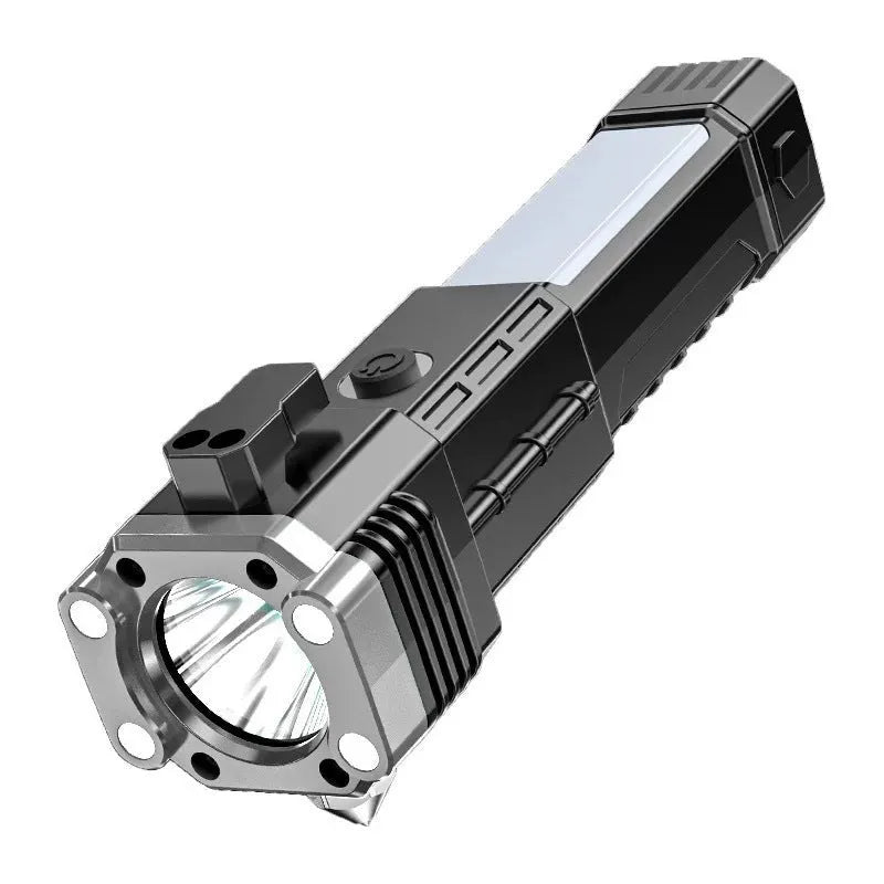 Silver LED flashlight with portable power bank function for outdoor use.