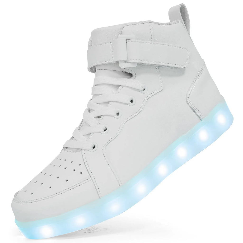 LED high-top board shoes with velcro strap and light-up sole in black, gold, and white colours