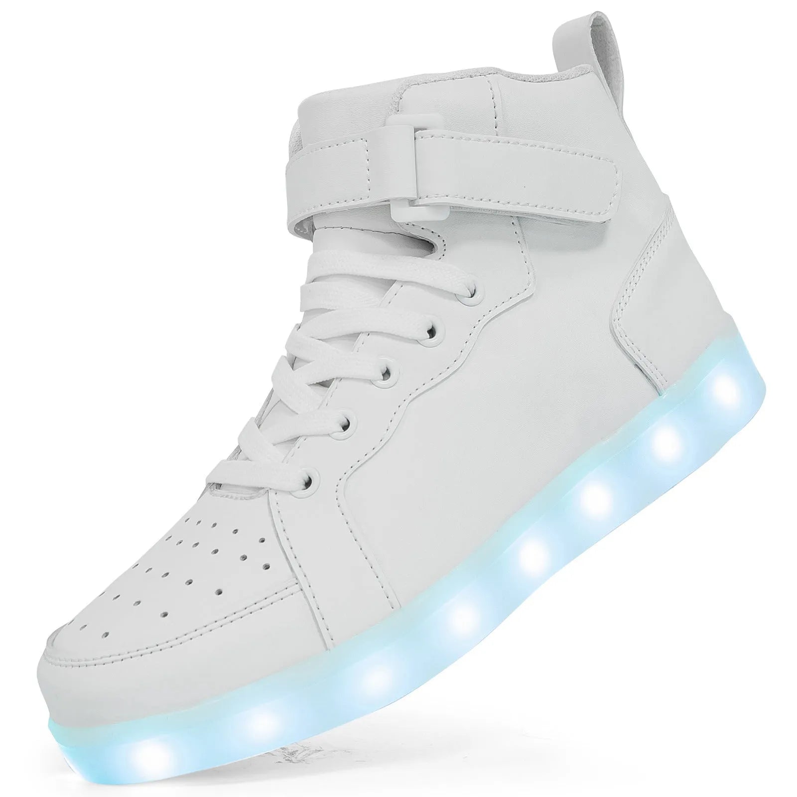 LED high-top board shoes with velcro strap and light-up sole in black, gold, and white colours
