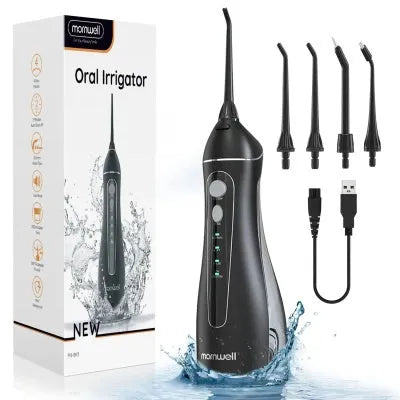 Portable electric water pick oral irrigator in black with rechargeable battery for adult home use