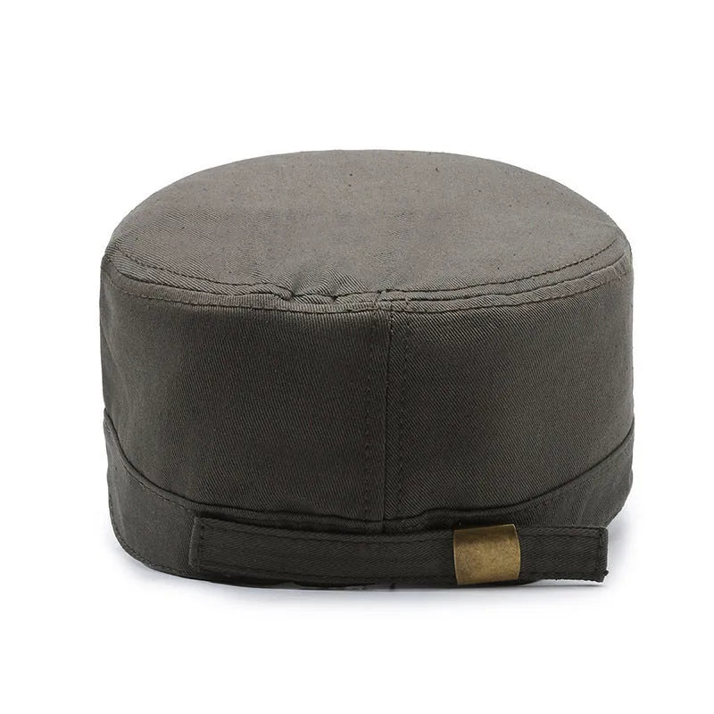 Men's adjustable flat-top cotton peaked cap in army green colour showing dome crown design