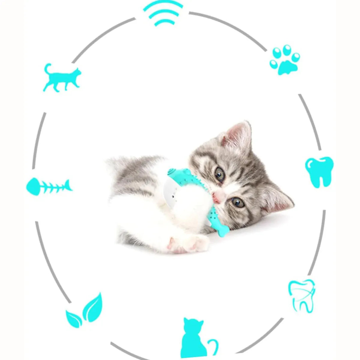 Silicone fish-shaped cat chew toy and teaser in blue, green, pink, or yellow colours measuring 12.2cm