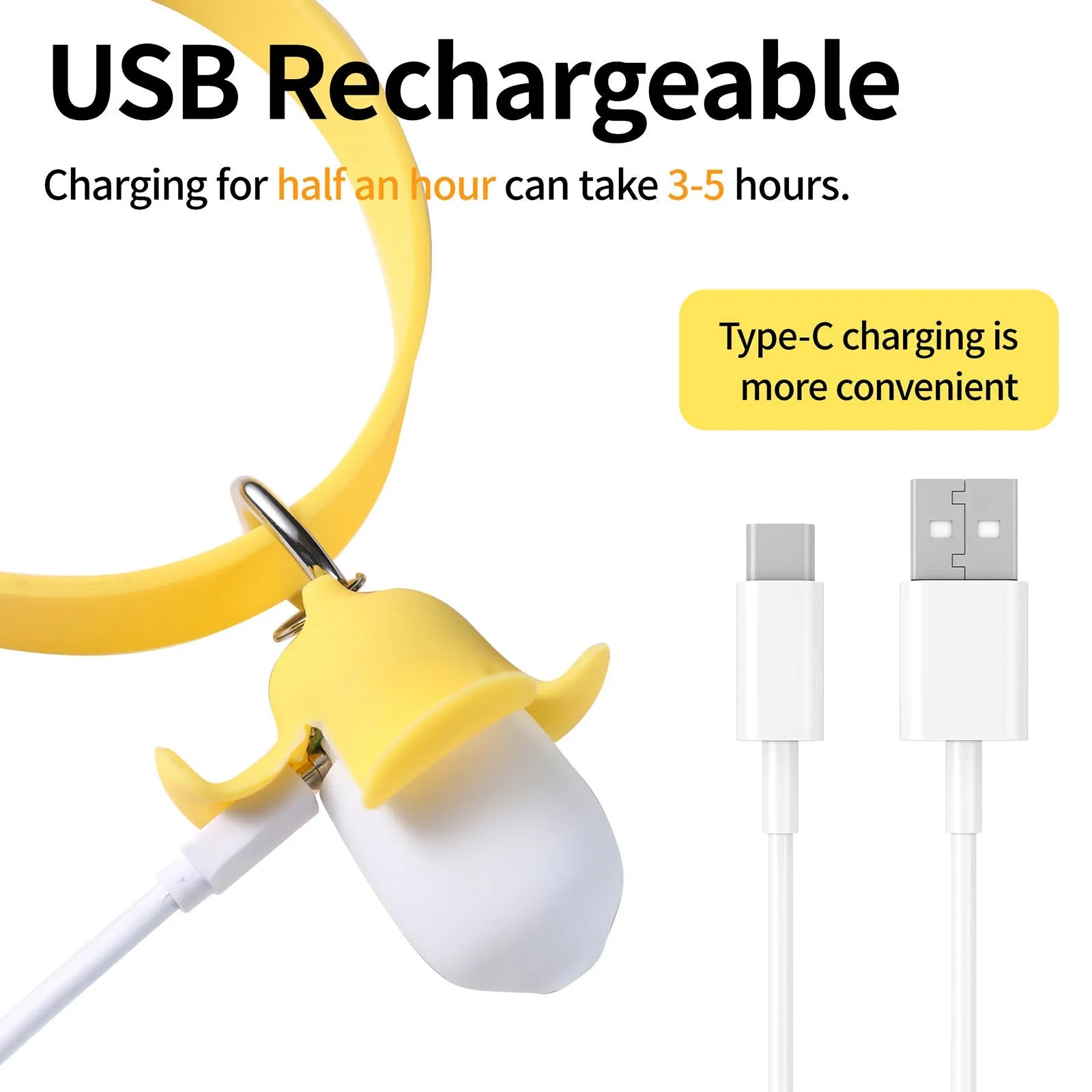 USB rechargeable banana-shaped luminous dog collar light in yellow silicone with geometric pattern and sound function