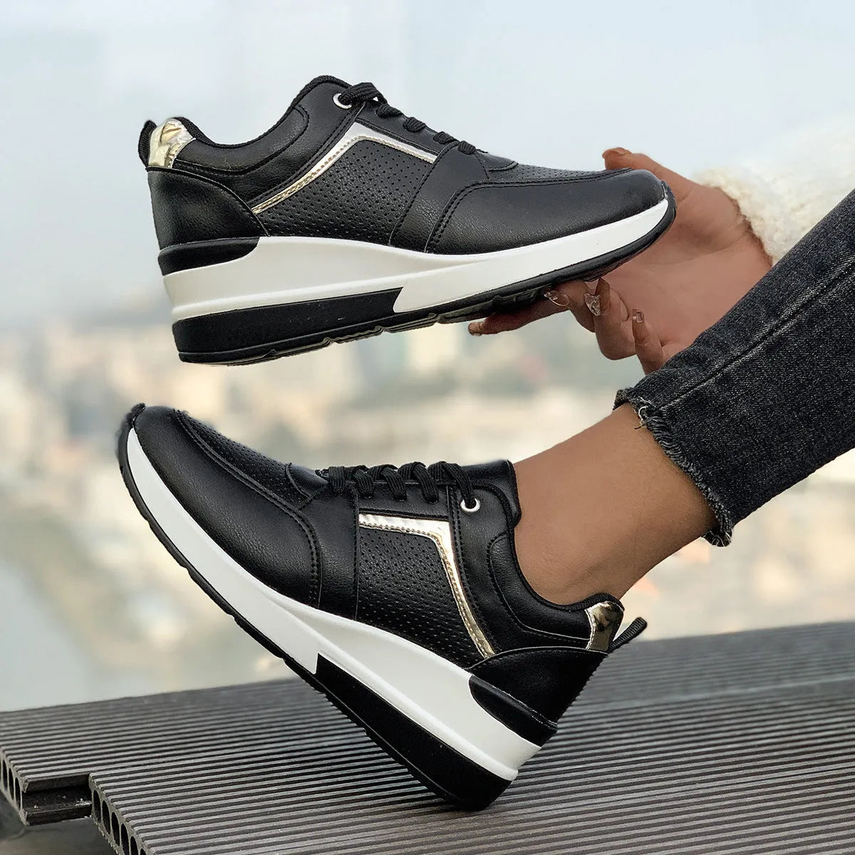 Women's wedge platform sports casual shoes in beige with rubber sole and lace-up closure
