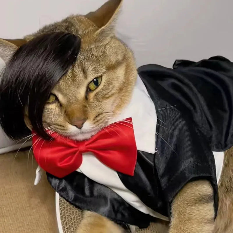 Black cat wig with imitation braid decoration for pet dress-up