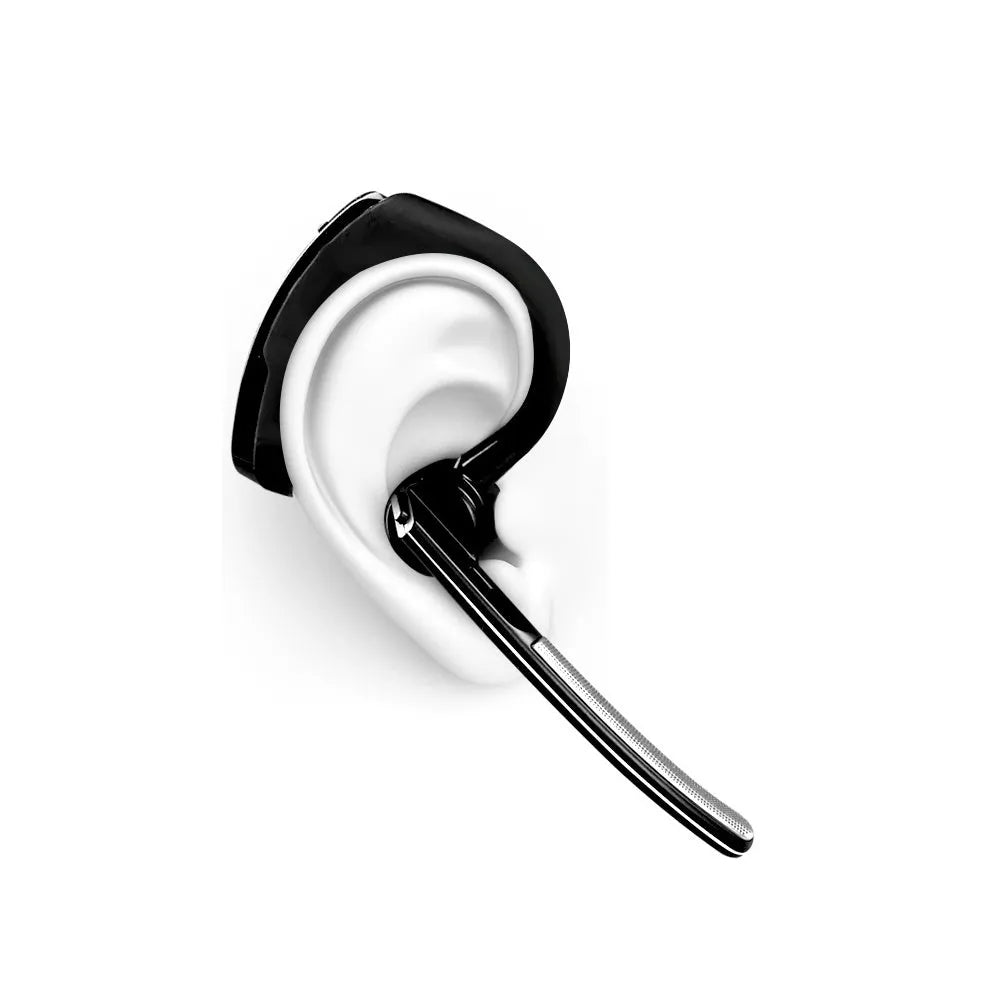 V9 Business Bluetooth headset with ear-bud showing dual phone connectivity and noise cancellation features