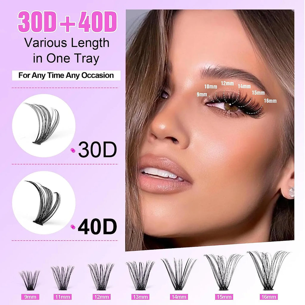 DIY mixed pack of cluster false eyelashes showing boxes of 30D, 40D, and combination lashes with tweezers.
