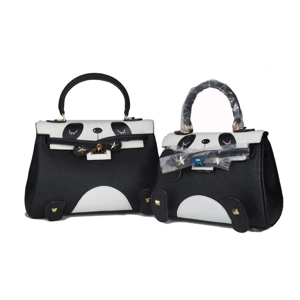 Panda print cowhide leather handbag in horizontal square shape, sweet lady style, shown in two size options.