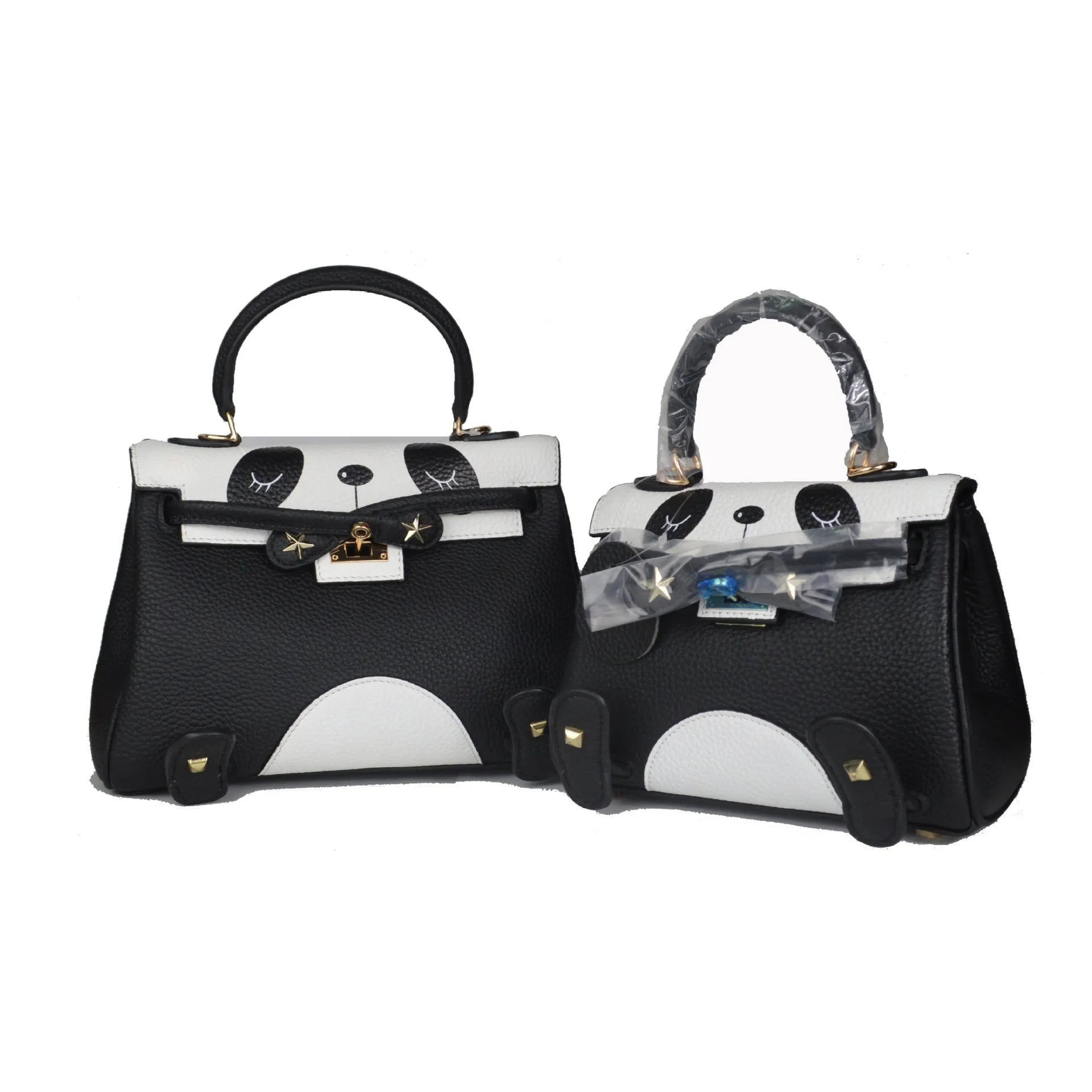 Panda print cowhide leather handbag in horizontal square shape, sweet lady style, shown in two size options.