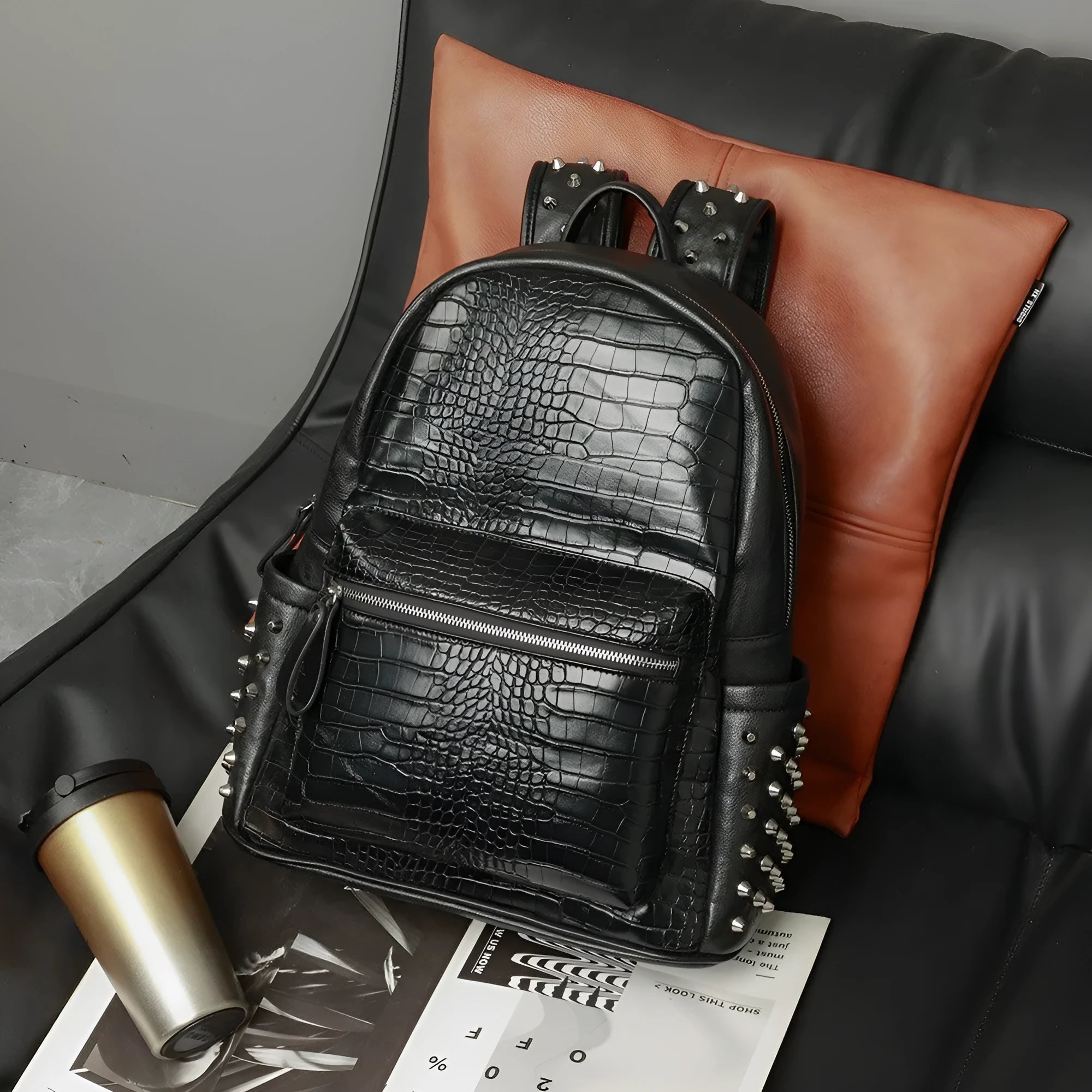 Large capacity black fashion computer schoolbag with waterproof PU leather and rivet detailing