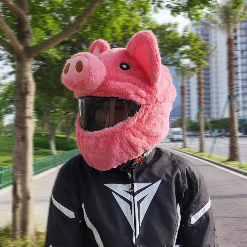 Pink pig cartoon design motorcycle helmet plush protective hood cover made from pv velvet cloth