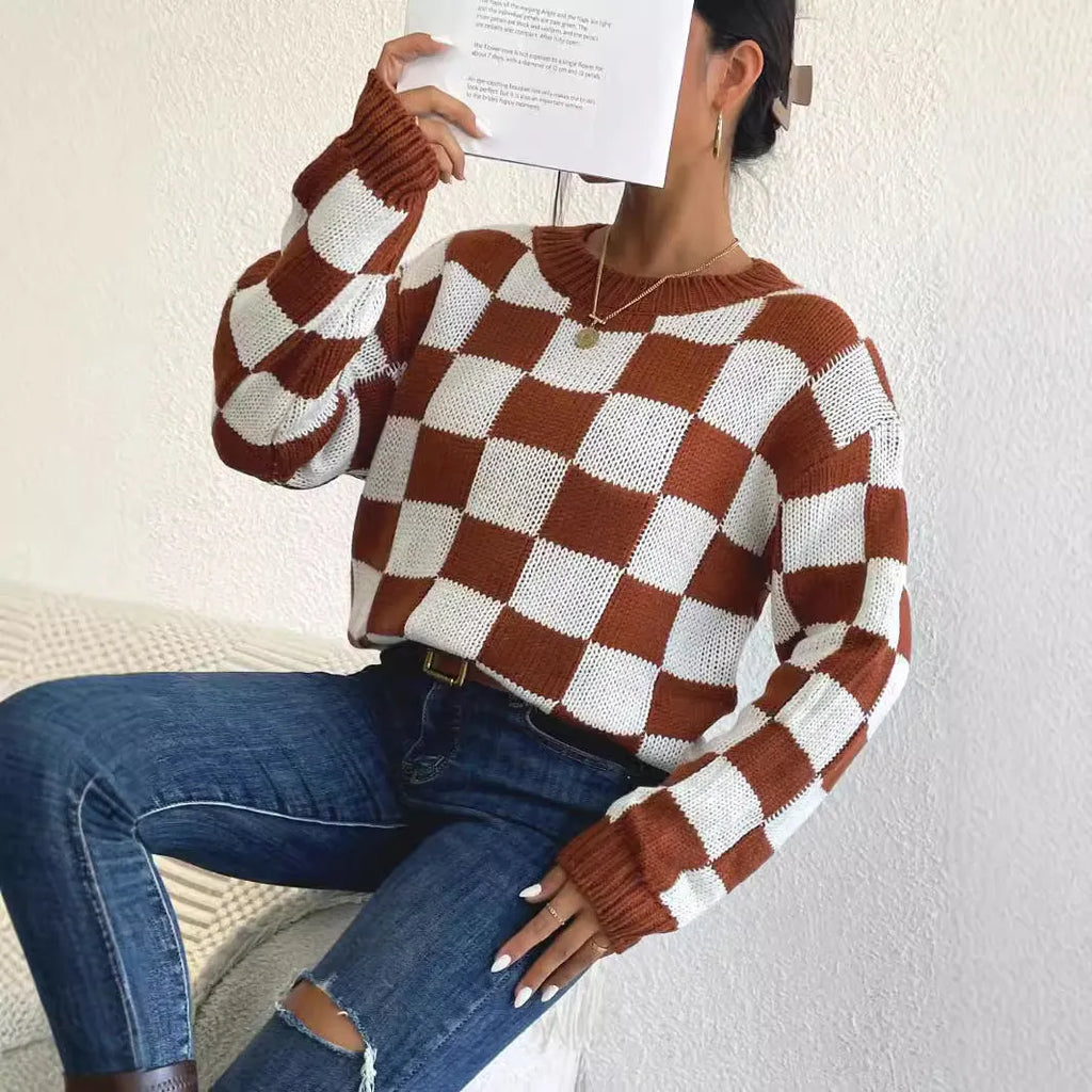 Dark brown chessboard plaid pattern acrylic pullover sweater with loose fit and round neck