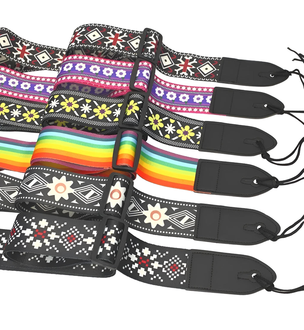 Printed colour cloth guitar shoulder strap with multiple style designs on display