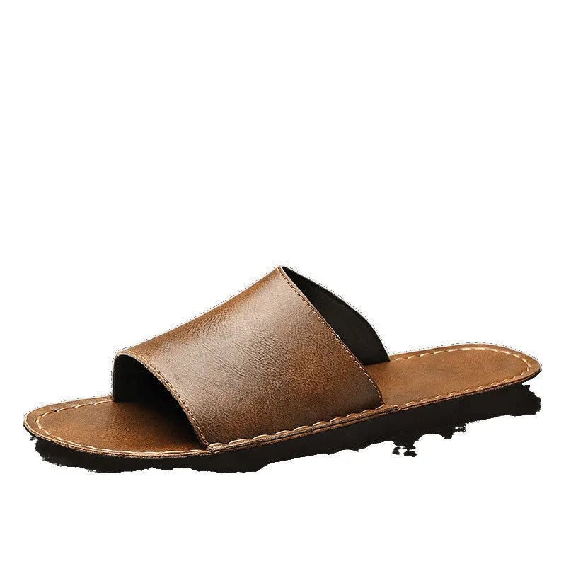Men's brown and black leather outdoor sandals with rubber soles