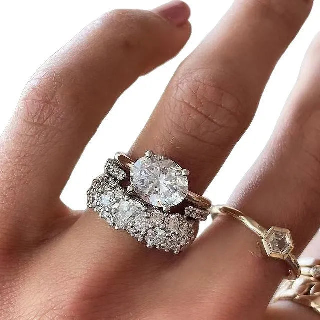 Women's oval mosaic zircon ring three-piece set in White Set, alloy and electroplating finish, size No 8