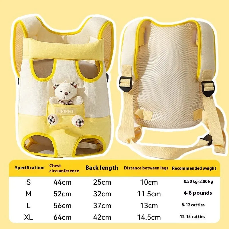 Cartoon pet bag for cats in soft canvas with adjustable ribbon straps and colourful stitching