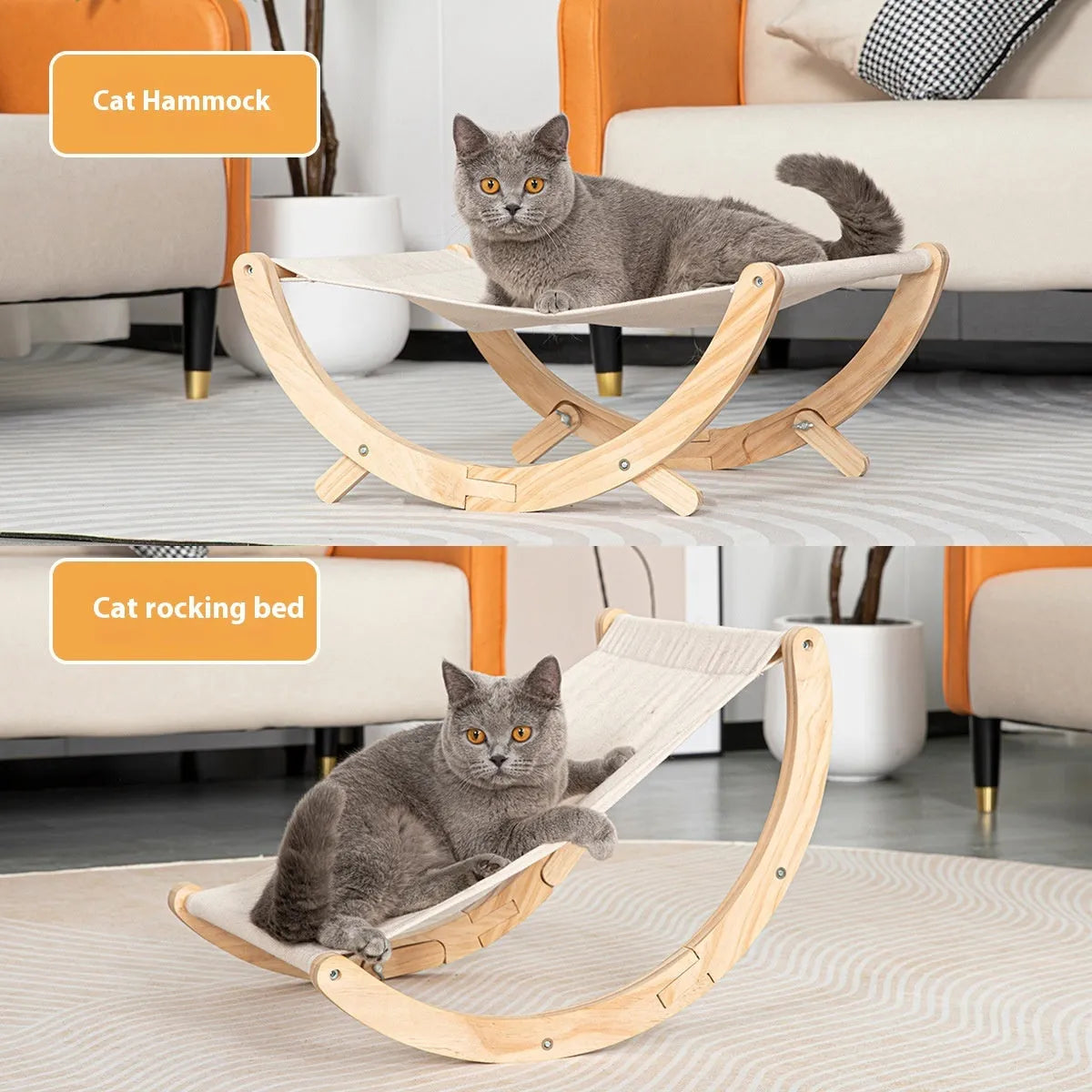 Solid wood foldable cat shaker bed hammock with canvas pad, 55x41x22cm